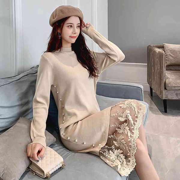 

casual dresses winter women slim o-neck knitted stitching mesh hemline female long-sleeved mid-calf ladies x4n3, Black;gray