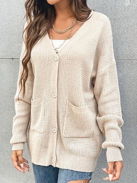 

women's sweaters fall 2021 occident pure color v-neck button pocket cardigan knitting sweater coat female commuter splicing, White;black