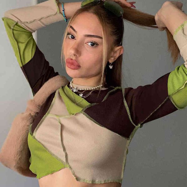 

long sleeve o-neck patchwork ribbed irregular tshirt women fashion streetwear casual crop autumn spring y2k clothings 210517, White