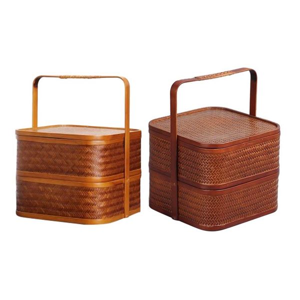 

storage baskets portable antique bamboo lunch box square double-layer design meals