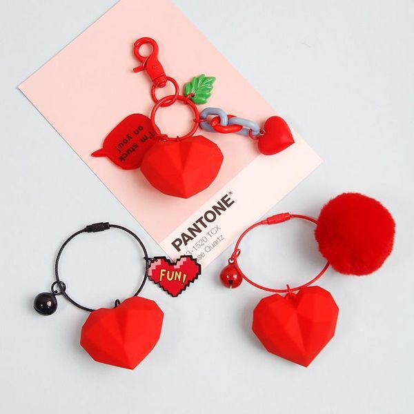 

keychains 2021 cute creative 3d red heart valentines gift fur pompom ball keychain for women key chains ring car bag pendent charms d514, Silver