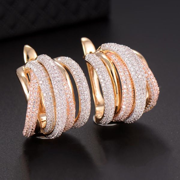 

stud 25mm luxury twist braided lines colorful full mirco pink cubic zirconia setting european wedding earring fashion jewelry, Golden;silver