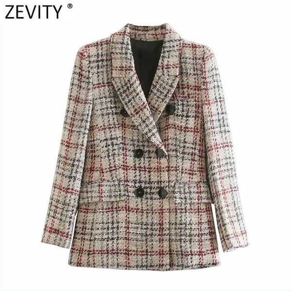 

zevity women vintage plaid pattern print woolen coat female chic long sleeve double breasted outwear jackets ct629 211110, Black