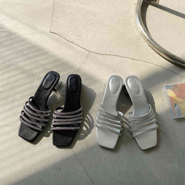 

summer women slippers narrow band slides mules shoes thick mid heels shallow slip on pumps casual beach shoes 210513, Black