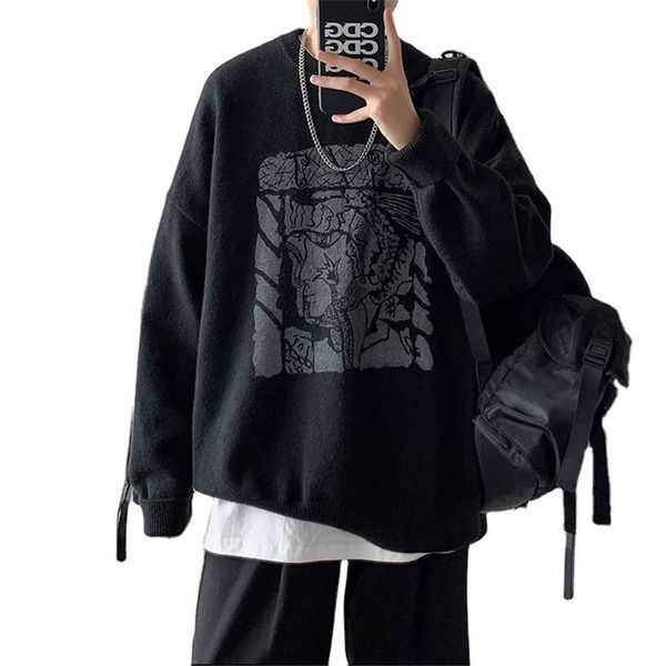 

autumn harajuku fashion loose lazy style doodle print clothing soft knitted men sweater pullovers, White;black