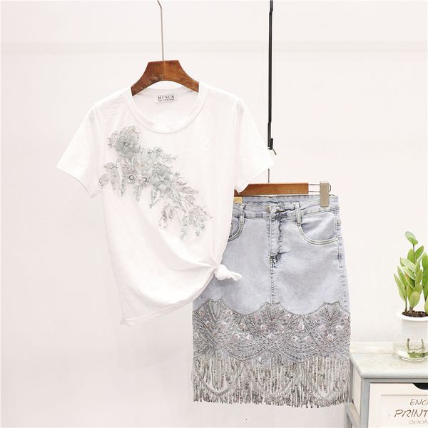 

two piece dress summer fashion beading embroidery t-shirt sequins tassel denim skirt set women loose white tee short jeans suit fe