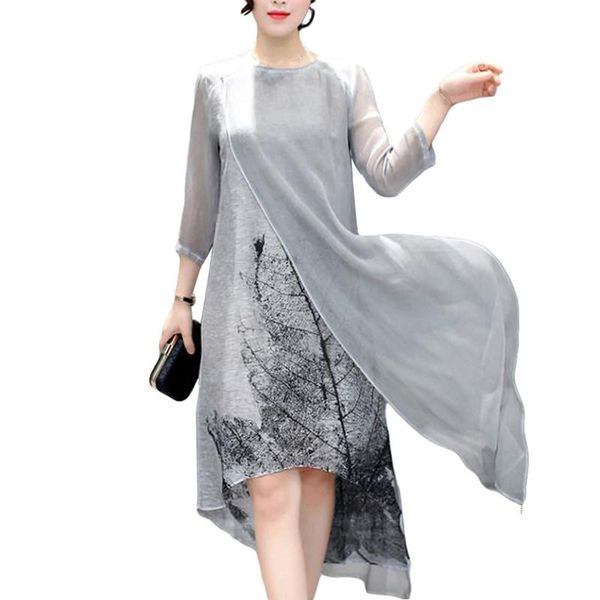 

casual dresses 2021 boho white spring summer ink print women long dress retro cotton linen designs false two piece silk, Black;gray