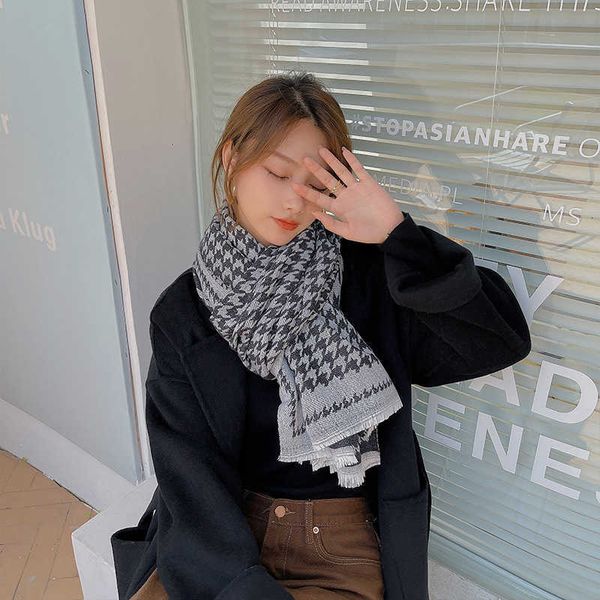 

autumn and winter imitation cashmere scarf female 2021 korean warm shawl size thousand bird lattice long short beard bib, Blue;gray