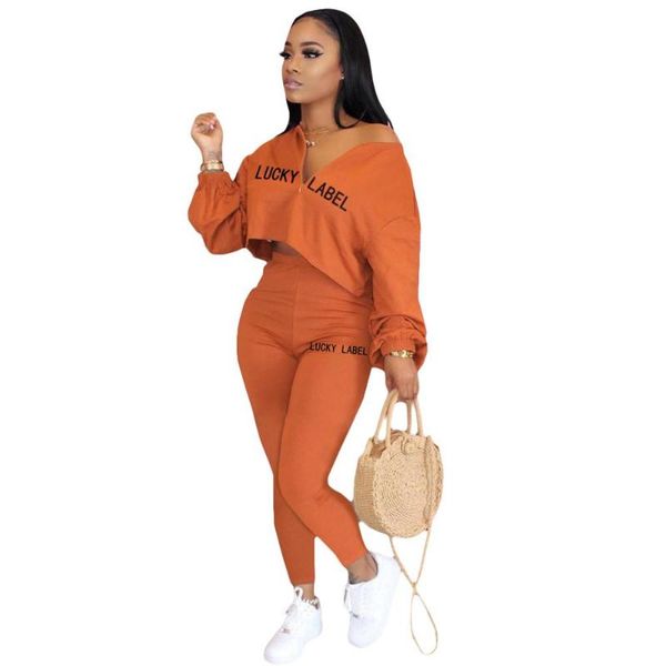 

women's two piece pants 2021 arrival 2 pcs women set letters v-neck long sleeve casual outfits, White