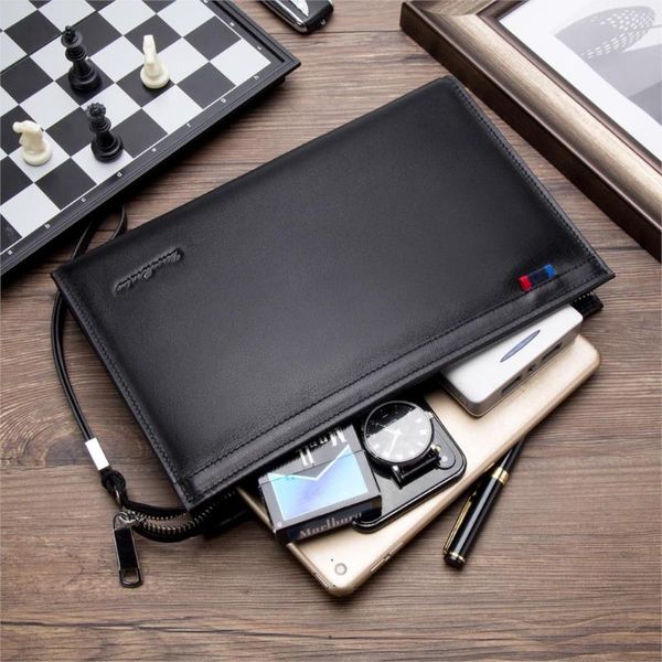 

bison denim black men wallets bags zipper closed long purse clutch business genuine leather bag cowskin for, Red;black