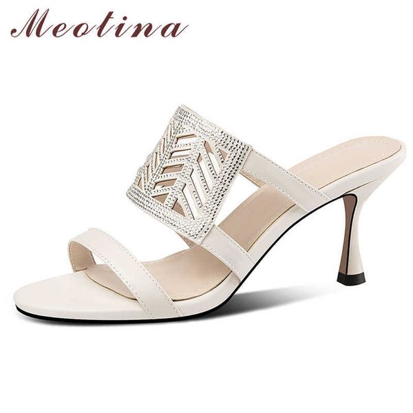 

meotina women shoes crystal natural genuine leather high heels slippers thin high heel slides women sandals summer black beige 210608