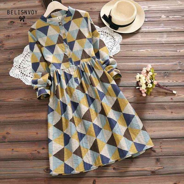 

japanese mori girl autumn spring women vintage dress stand collar geometric printed loose dress cotton linen vestidos femininos, Black;gray