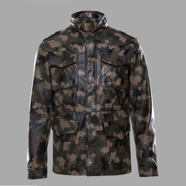 

overcoat men army genuine camouflage m65 outerwear cowskin male leather rider jacket men's & faux, Black