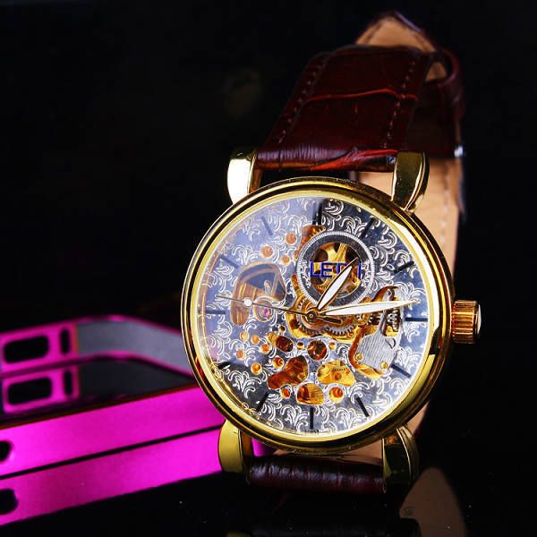 

sports hollow men's belt watch, mechanical business watch, Slivery;brown