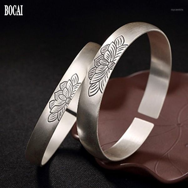 

bocai 2020 new 100% real s999 pure silver bracelet for woman lotus wishful sterling silver retro opening matte woman bracelet1, Black