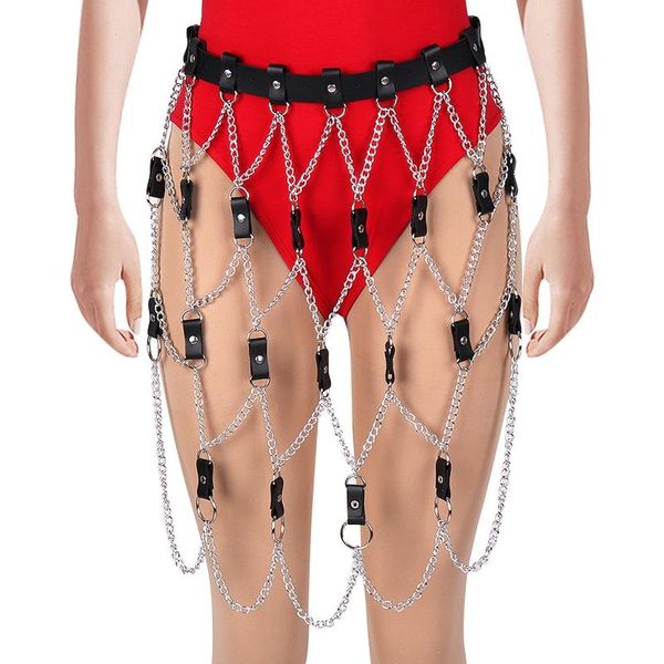 

belts punk leather skirts for women gothic rock harness waist with chain female body bondage hollow belt mesh skirt club pub wear, Black;brown