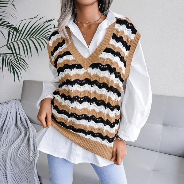 

women's sweaters 2021 stripe v neck sweater sleeveless women khaki jacquard autumn winter fashion patchwork knitted vest casual pullove, White;black