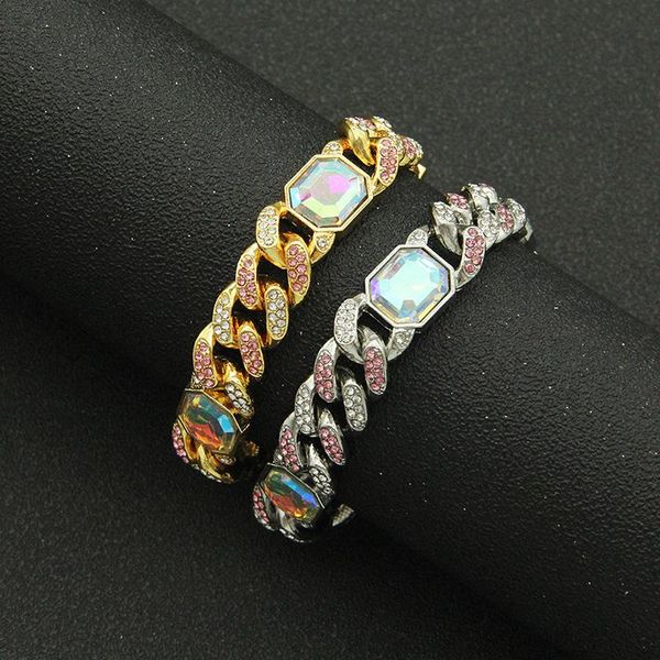 

link, chain hip hop rainbow rhinestones paved bling iced out 13mm round cuban miami link men bracelets male rapper jewelry, Black