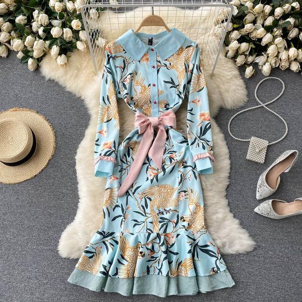 

casual dresses women's fashion elegant printing doll collar slim long sleeve fishtail dress vintage clothes vestido de mujer t375, Black;gray