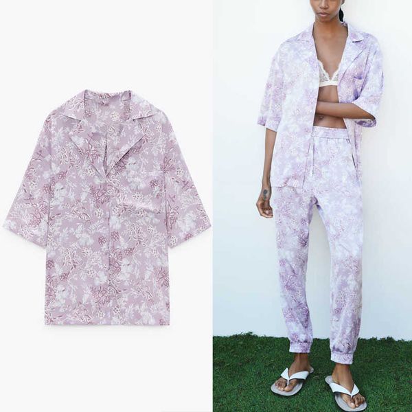 ZA Flowy Asymmetric Print Shirt Frauen Frühling Kurzarm Patch Tasche Vintage Shirts Frau Button Up Lila Bluse Top 210602