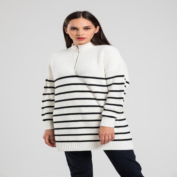 

women's loose striped sweater, zipper, high neck, black, White;black