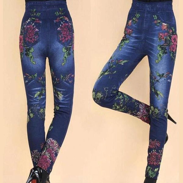 

plus size sfit womens legging high waist floral print imitation formal denim fake jeans slim fit leggings skinny casual 8, Black
