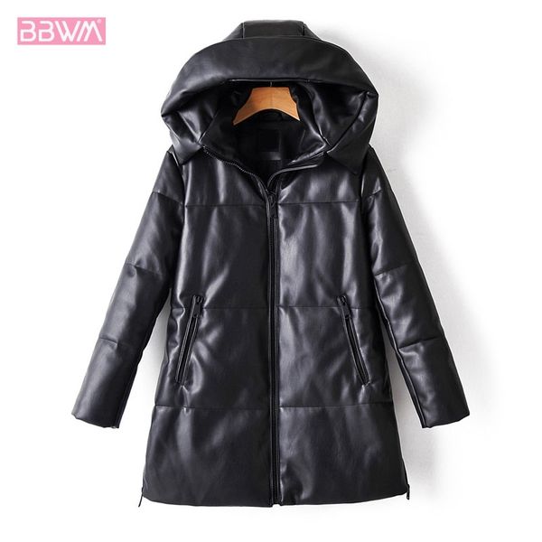

pu winter warm stand collar long sleeve hooded black chic women's jacket thickened fashion simple female coat 210507, Black;brown
