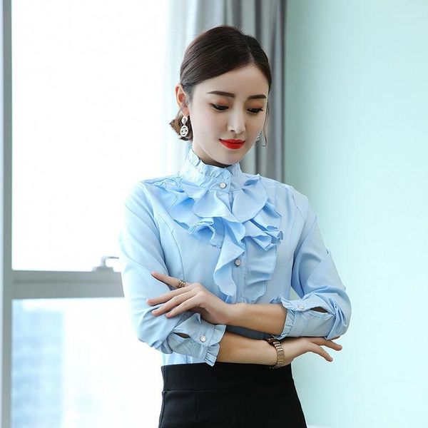 

women's blouses & shirts 5xl femininas ruffle stand collar spring blouse women flounce frill busines vintage shirt elegant camisa, White