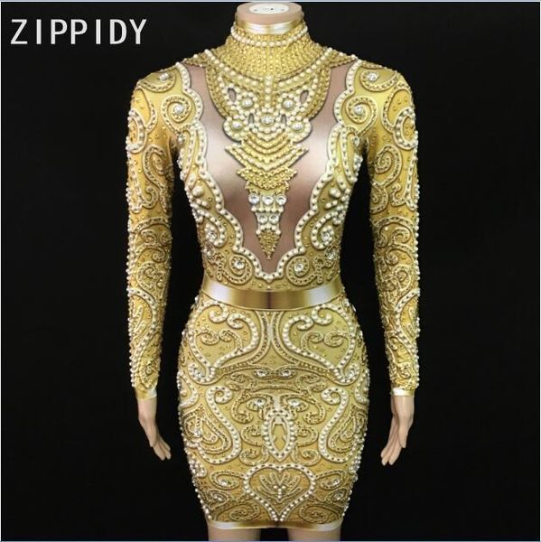 

casual dresses sparkly gold rhinestones pearls long sleeves dress bar party dance women singer clothes birthday celebrate outfit, Black;gray