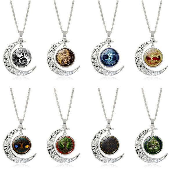 

multi-colored tree of life glass art pendant necklace trendy silver color moon pendant women diy jewelry set wholesale