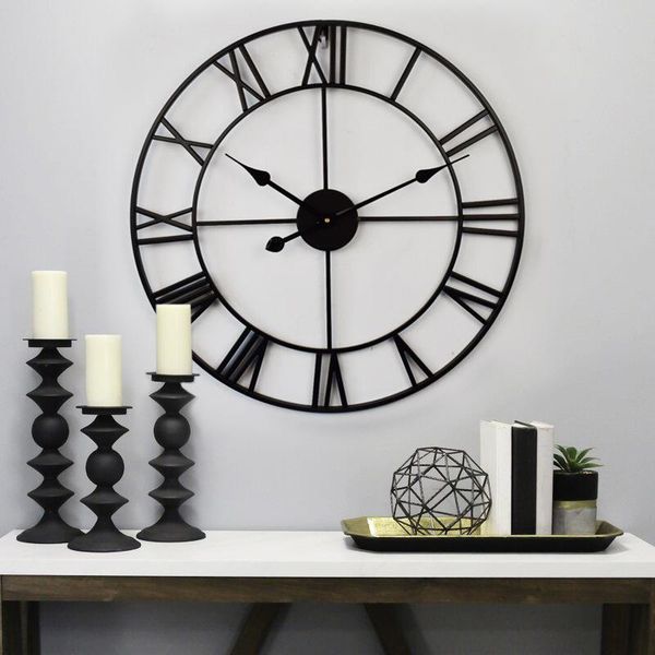 

wall clocks 40/47/60/80cm nordic metal roman numeral retro iron round face black gold large outdoor garden clock home decoration