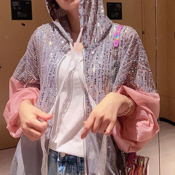 

women's jackets women sequined sunsreeen shirts loose beading jacket summer thin drawstring bomber coat sun protection zipper cardigan, Black;brown