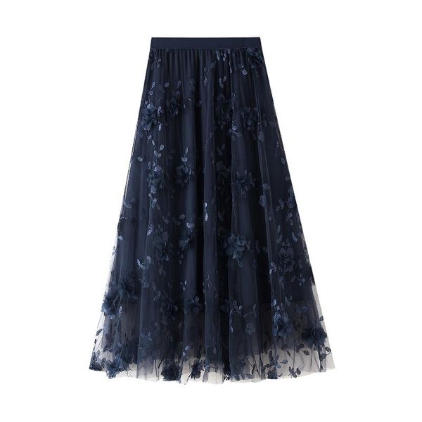 

skirts fashion women long tulle skirt, casual high waist 3d flower embroidery solid color midi swing skirt autumn winter 2021, Black