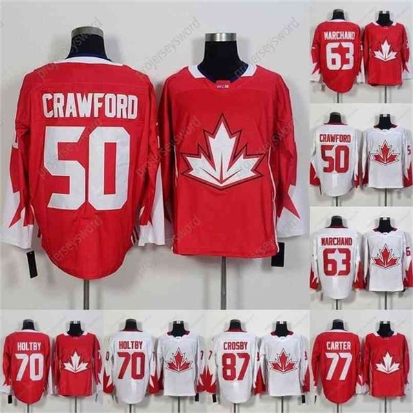 kob Maglie della Coppa del Mondo di Hockey 50 Corey Crawford 63 Brad Marchand 70 Braden Holtby 77 Jeff Carter 87 Sidney Crosby Uomo Donna Maglie della gioventù