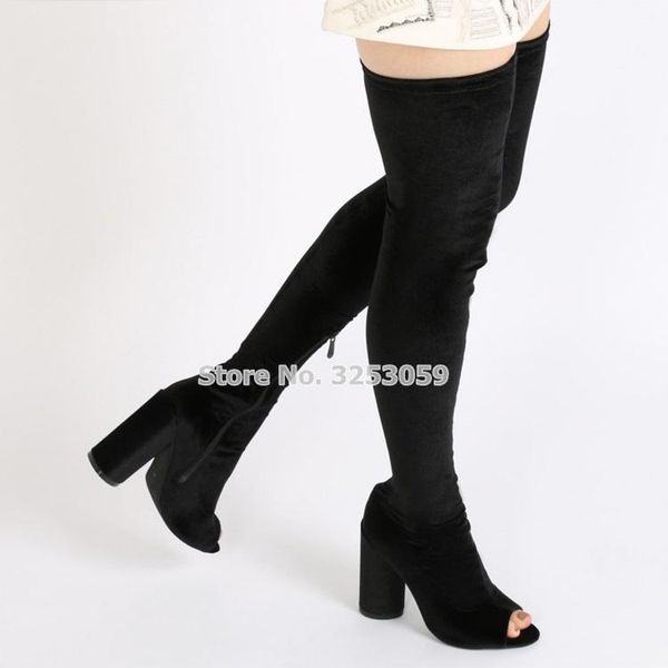 

boots almudena ladies beige black elastic suede chunky heel over-the-knee open toe gladiator shoes slim fit tall