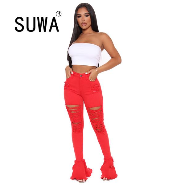

red blue high waisted denim pants jeans fashion classic hole bodycon flare trousers for women fall streetwear 210525