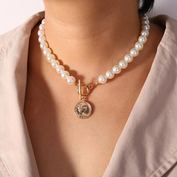 

chains vintage queen portrait chain lock choker pearl necklace for women trendy pearls coin pendant necklaces jewelry accessories gift, Silver