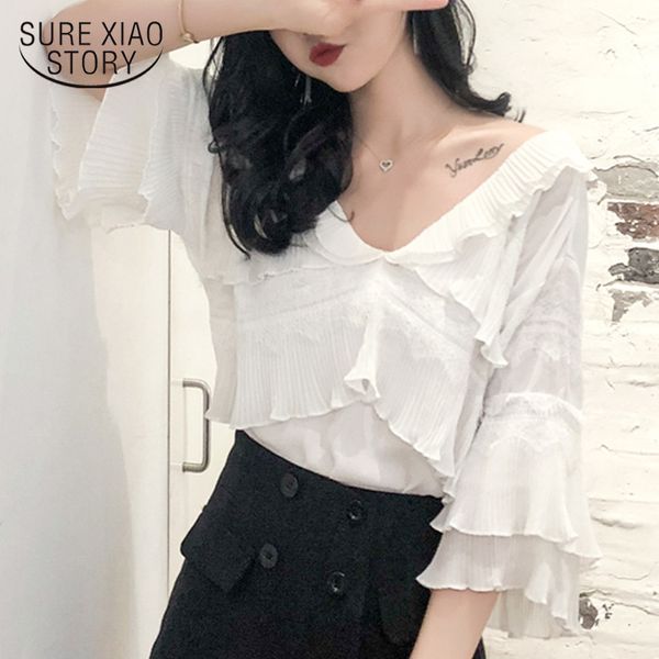 Sommer Blusas Mujer De Moda Halbarm Shirts Tops Koreanische Stil Volants Weiß Chiffon Frauen Bluse Shirt 8670 50 210510