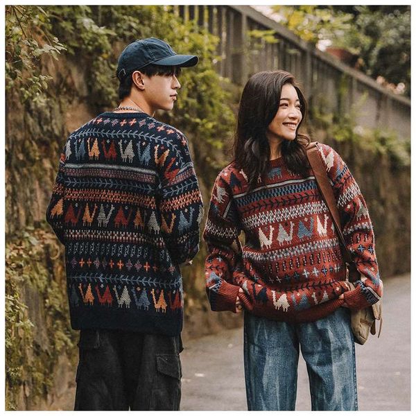 

sweater winter thick ethnic camel round neck pullover sweater for men and women loose casual japanese retro y2k couple knit coat, White;black