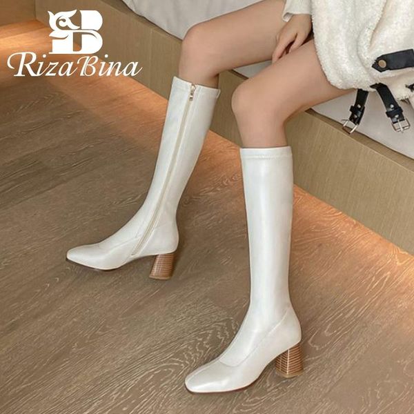 

boots rizabina fashion women knee high shoes square toe zipper thick heels solid color ladies footwear size 34-39, Black
