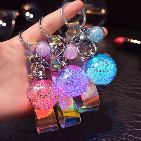 

2021 fashion keychain new acrylic bubble inlaid diamond crystal ball luminous key chain bag pendant laser magic color leather rope pendant, Silver