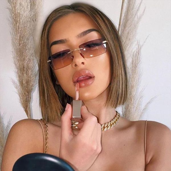 

brand small rectangle sunglasses women grey pink shades for 90s vintage rimless square uv400, White;black