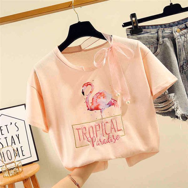 

t shirt short sleeve t shirt woman loose bird printed tshirt girls ladies ins fashion t-shirt tees lace up o neck tee nancylim, White
