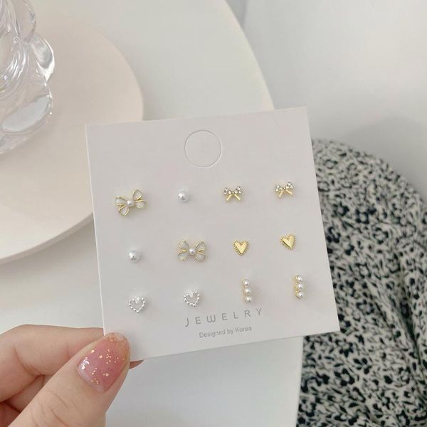 

stud fashion s925 gentle pearl bow earrings set girl love geometry temperament advanced sense small earring trend, Golden;silver