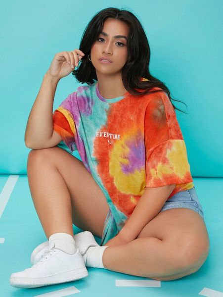 

plus tie dye & slogan graphic drop shoulder tee 36di#, Black