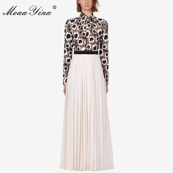 

fashion designer runway dress autumn women dress turtleneck long sleeve floral hollow out patchwork maxi dresses 210524, Black;gray
