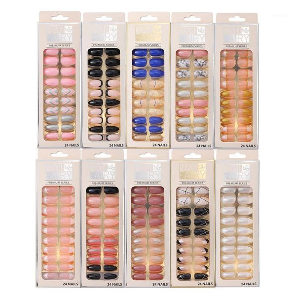

24pcs/box fashionable marble glitter pattern wearable fake nails press on short oval head lady full cover finished fingernail false1, Red;gold