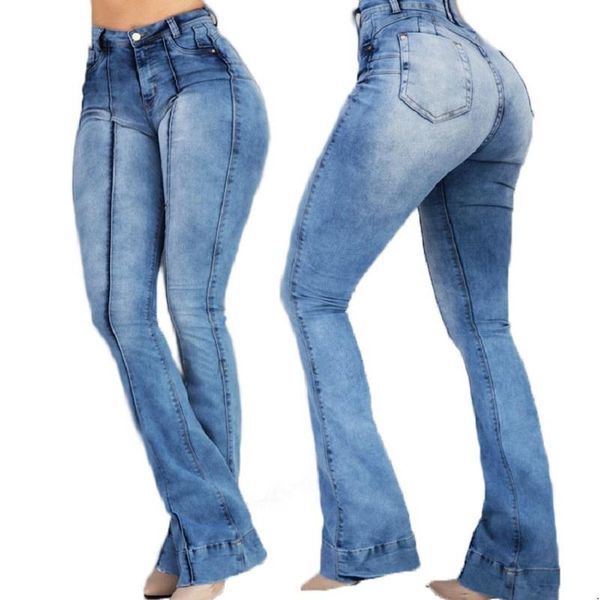 

women's jeans vintage washed denim for women stretch butter lifting wide leg jean high waist pants split retro hole flare, Blue