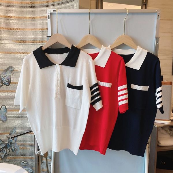 

tb ribbon red white blue stripe knitted ice short sleeve lapel polo t-shirt