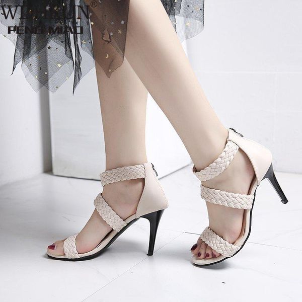 

brand high heel sandals women summer stiletto pu weave open toe heels plus size shoes 35-42, Black